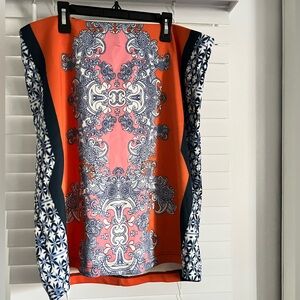 Orange, blue and pink paisley pencil skirt.